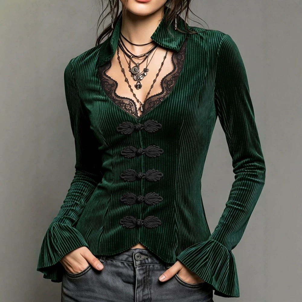 Lace Stitching Buckle Slim Fit Daily Chinese Top