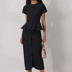 Polka-Dot Cardigan Top & Hip Skirt Set