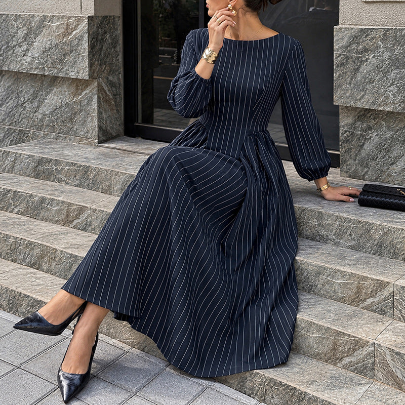 Women's Elegant Round Neck Striped Waist Tight Maxi Dress