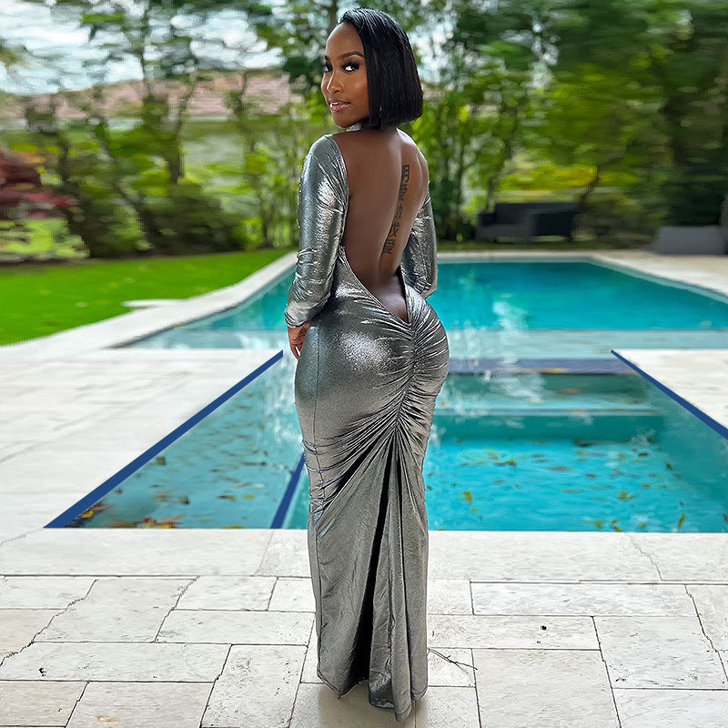 Solid Color Metallic Coated Fabric Round Neck Long Sleeve Dress