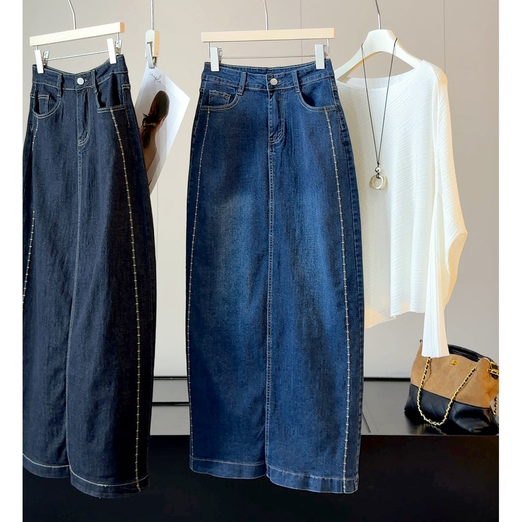 Tall Back Slit Denim Skirt Women Autumn Washed Cover Slim