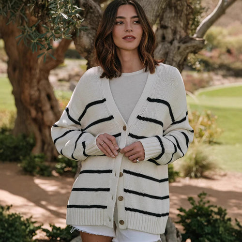Striped Knitted Cardigan Women Autumn Winter V neck Cardigan Sweater Cotton Striped Sweater Women