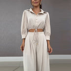 Drawstring Short Shirt Wide Leg Pants Set