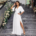 Women's Plus Size White V neck Split Half Sleeved Lace up Ladies Dress