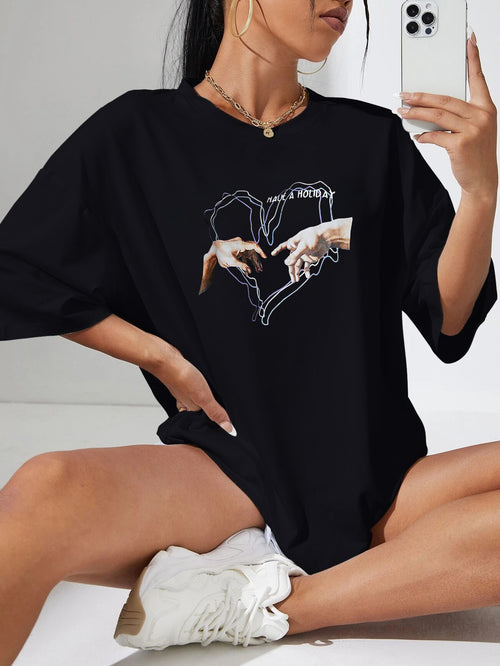 Casual Black T Shirt Simple Round Neck Short Sleeve Women Top Loose Heart Printing