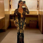 Buckle Low Collar Long Sleeves Back Slit Dress