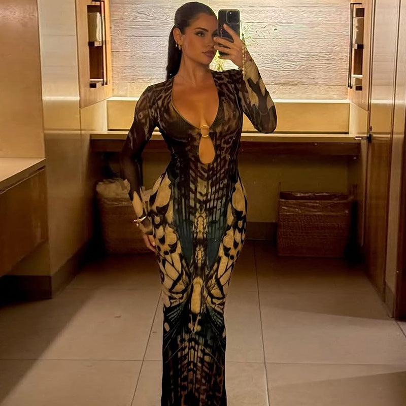 Buckle Low Collar Long Sleeves Back Slit Dress