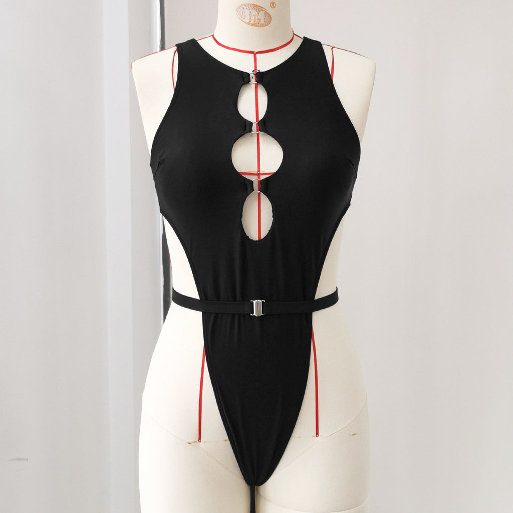 Black deep V one-piece swimsuit with vertical oval cutouts and waist belt.