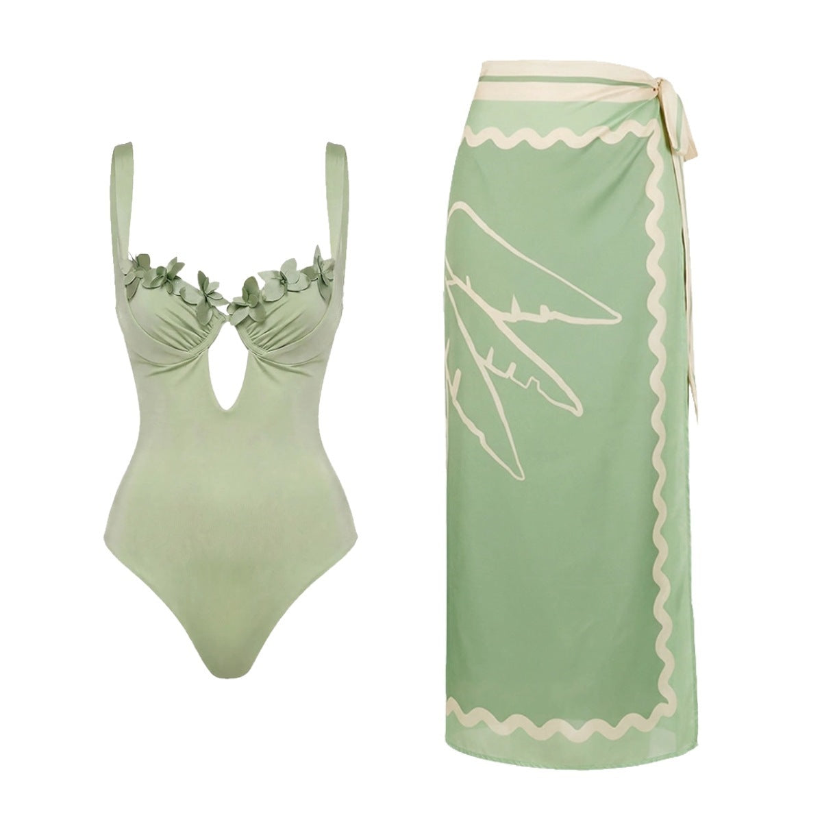 Women's Light Green Floral One-Piece Swimsuit Set