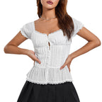 Pleated Shoulder Lace Button Cropped Top