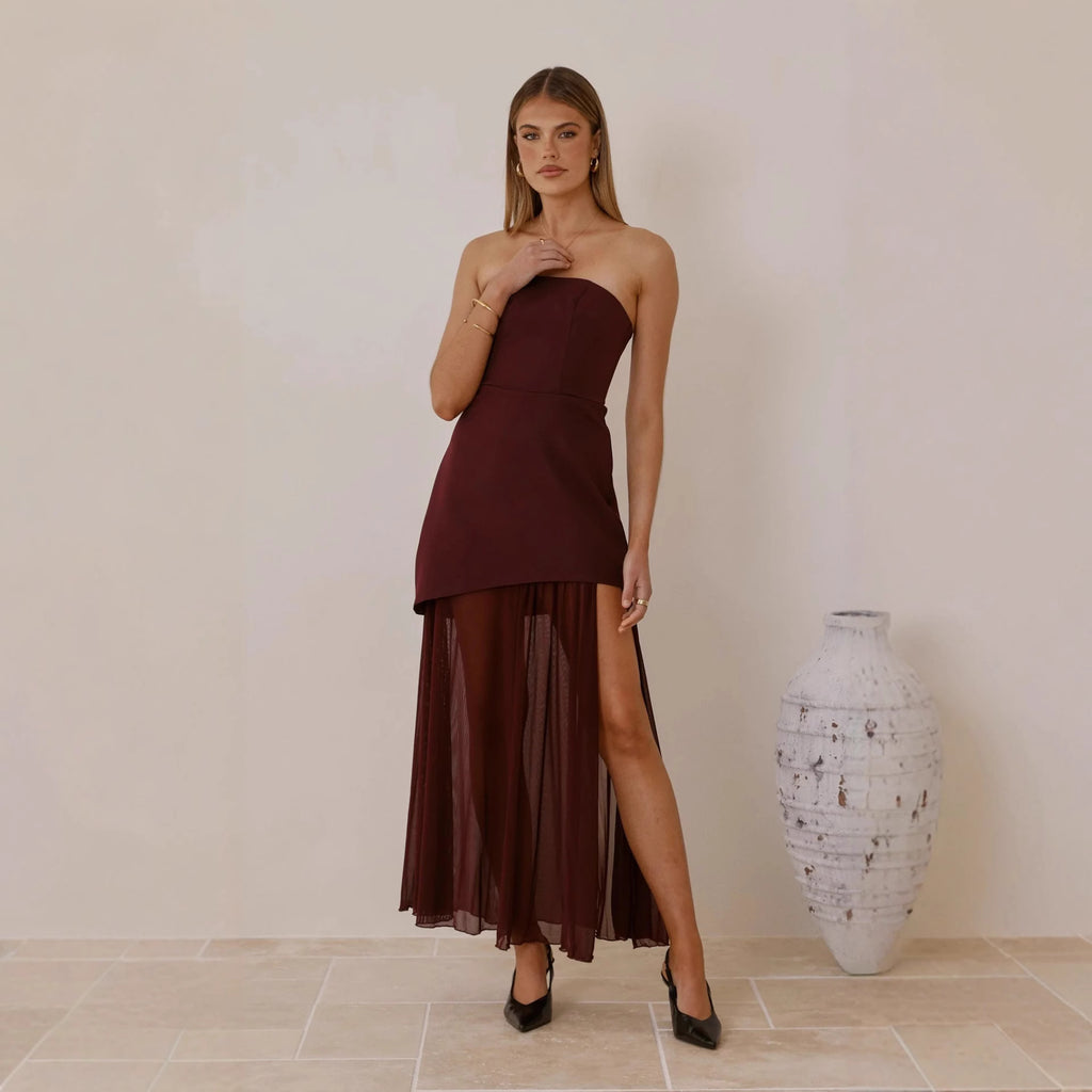 Tube Top Sleeveless Stitching Mesh Maxi Dress