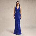 Women's Sequin Halter Backless Fishtail Evening Dress