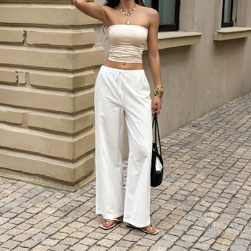 Women Clothing Summer Casual Vacation Drawstring All Matching Wide Leg Trousers