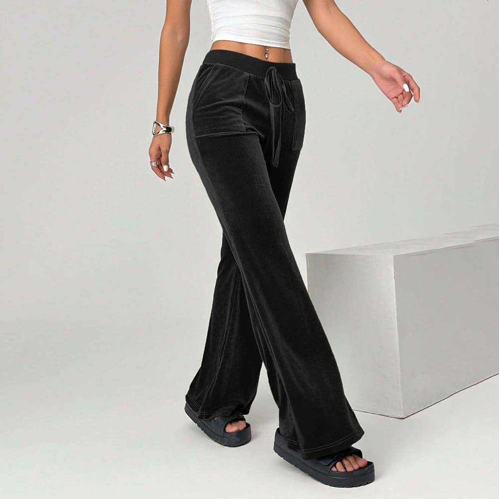 Women's Simple Velvet Casual Pants Drawstring Leg Slimming Wide Leg