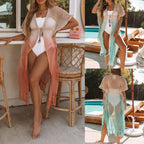 Open-knit tassel cardigan with short sleeves and fringe, two color views
