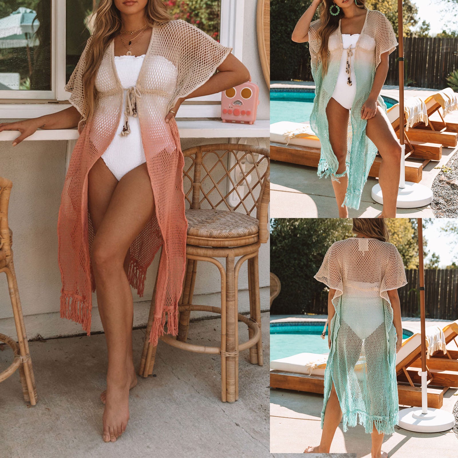 Open-knit tassel cardigan with short sleeves and fringe, two color views