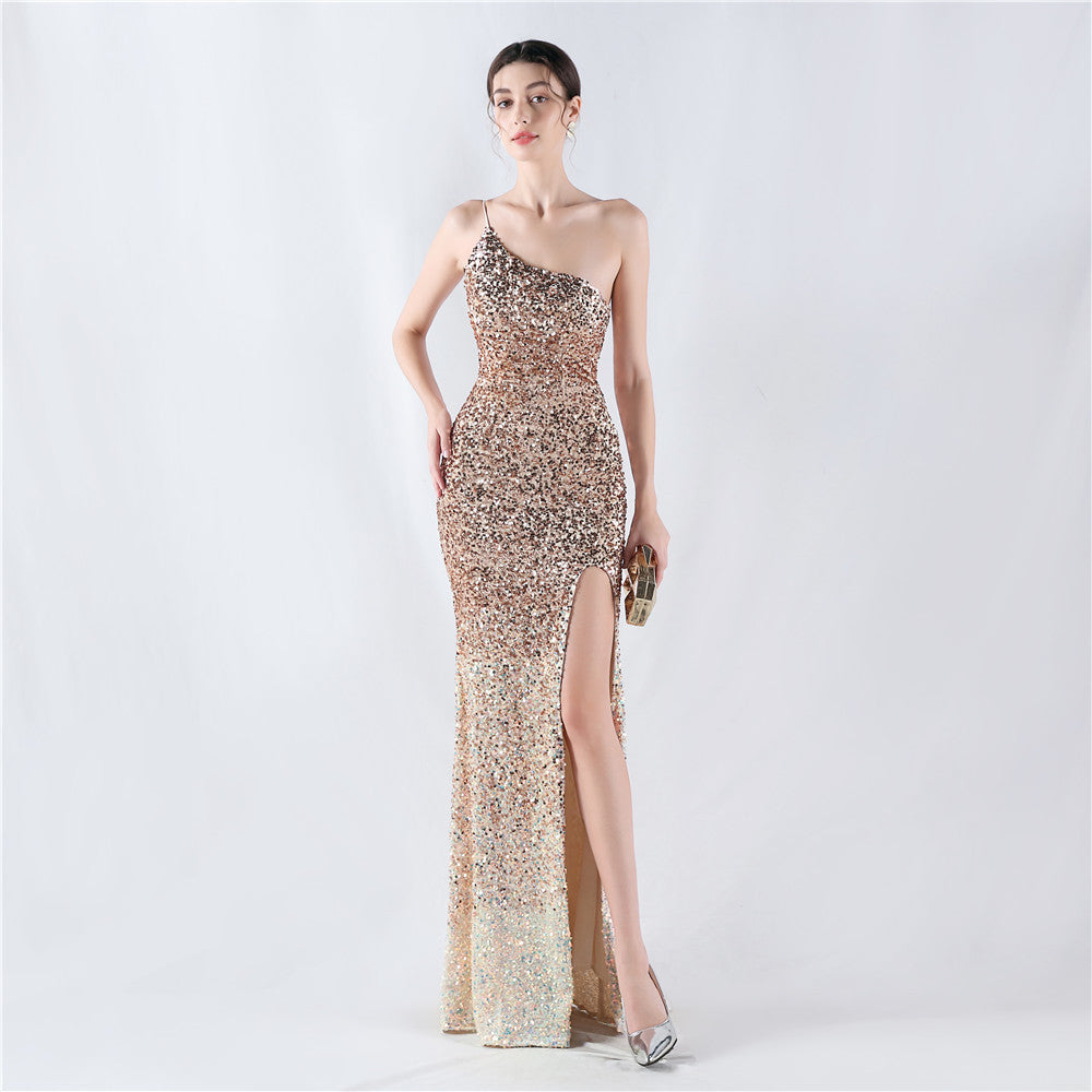 Women's One-Shoulder Sequin Patchwork Split Bodycon Maxi Dress