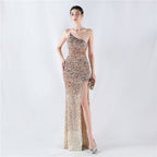 Women's One-Shoulder Sequin Patchwork Split Bodycon Maxi Dress