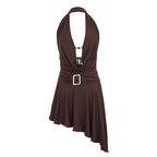 Brown backless halter dress with open back and draped skirt