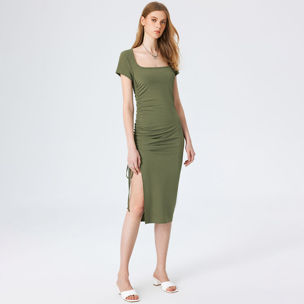 Women's Ribbed Knit Square-Neck Side-Slit Dress