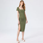 Women's Ribbed Knit Square-Neck Side-Slit Dress