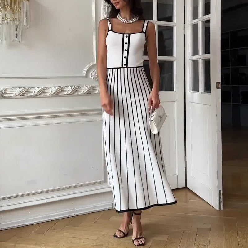 Retro Spaghetti Straps Striped Patchwork Knitting Color Dress