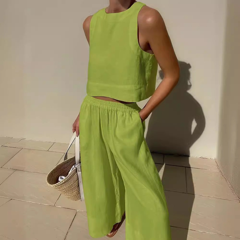 Casual Plus Size Loose Solid Color Sleeveless Shirt Trousers Two-Piece Set