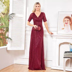 Short-Sleeve Sequined Evening V-Neck Fishtail Cocktail Dress