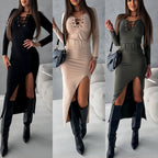 Perforated Long-Sleeve Split Skirt Set