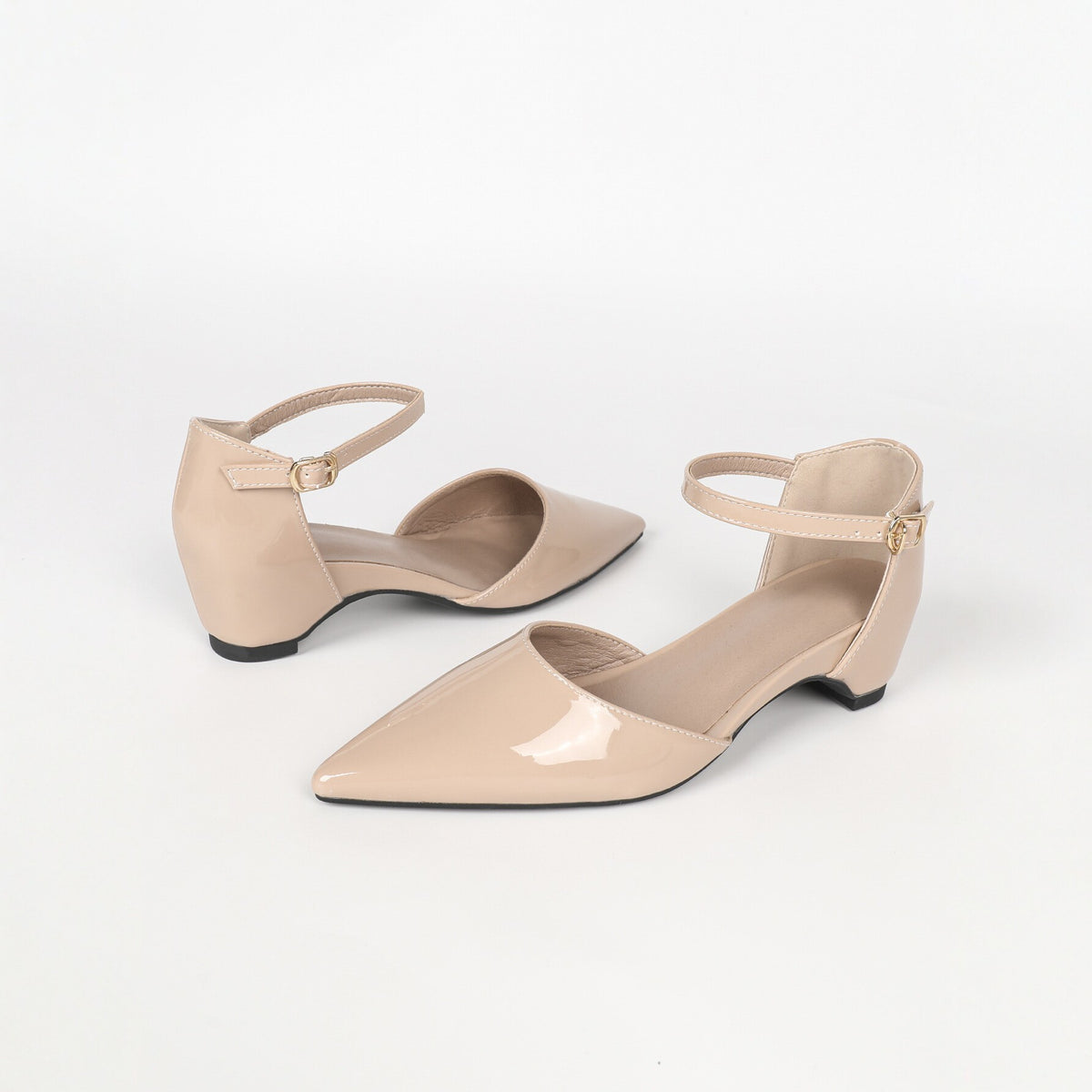 's Patent Leather Pointed Toe Chunky Heel Shoes French Buckle Low Heel