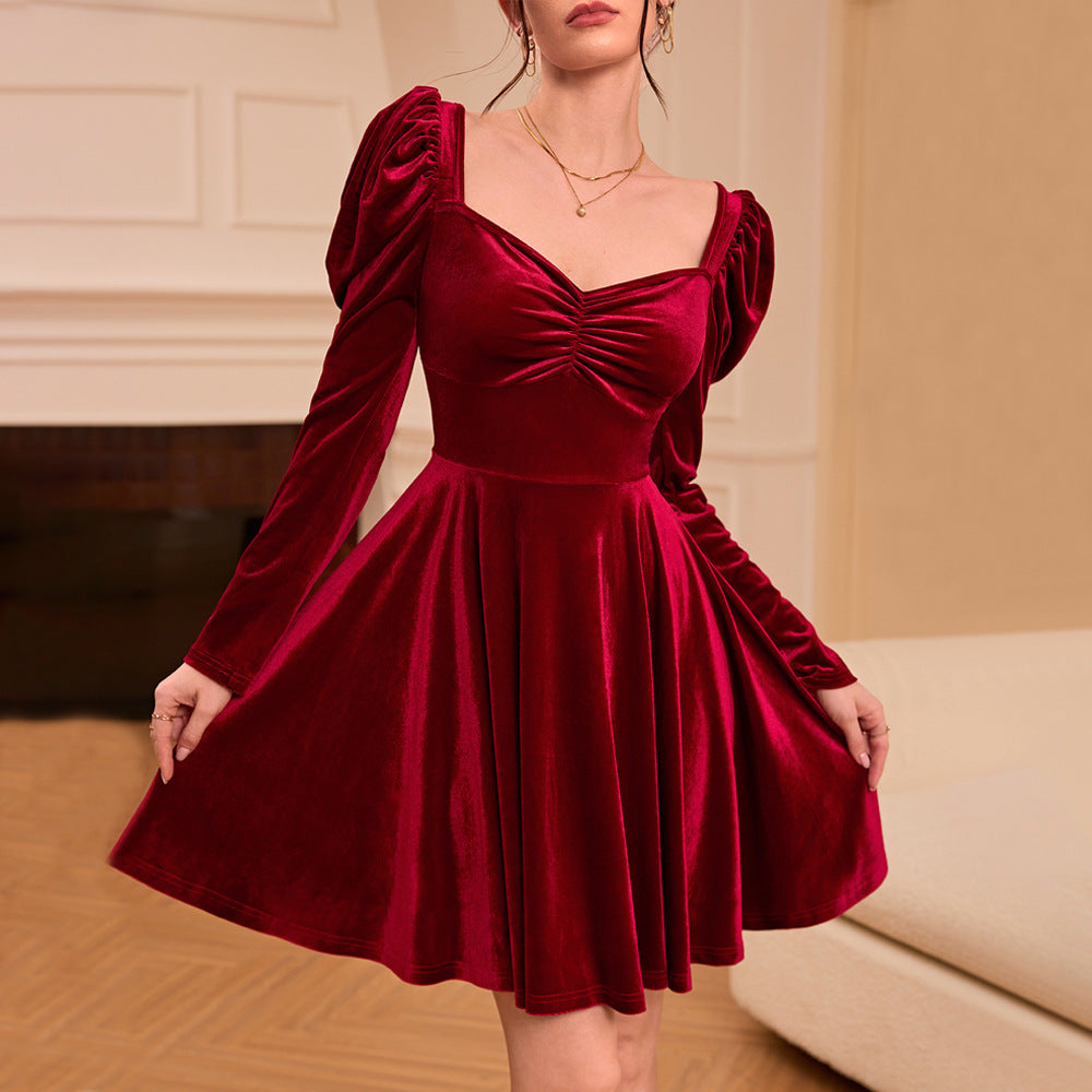 Women's Wine Red Velvet Ruched V-Neck Dress
