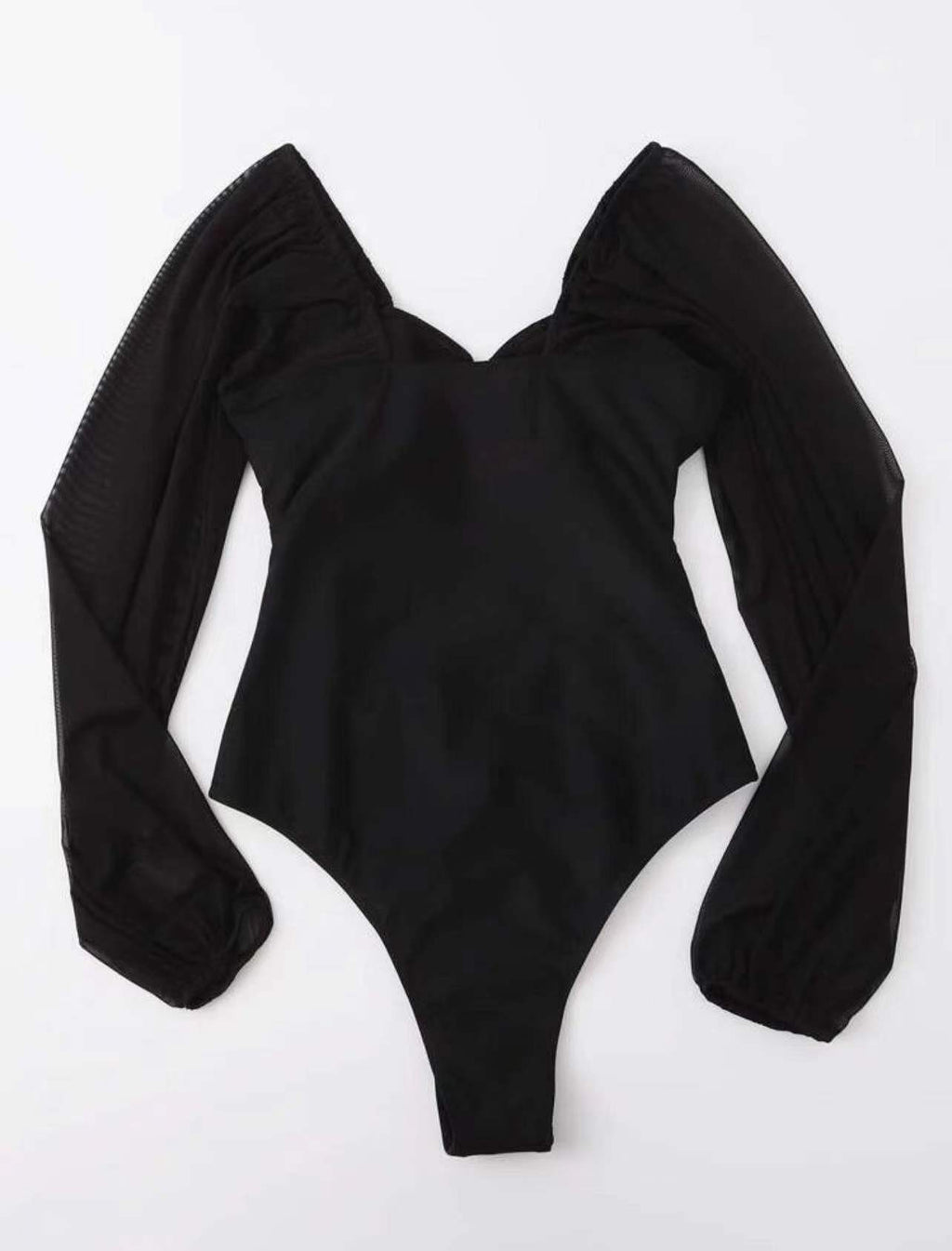 Black one-piece swimsuit with sheer long sleeves and deep V backless cut