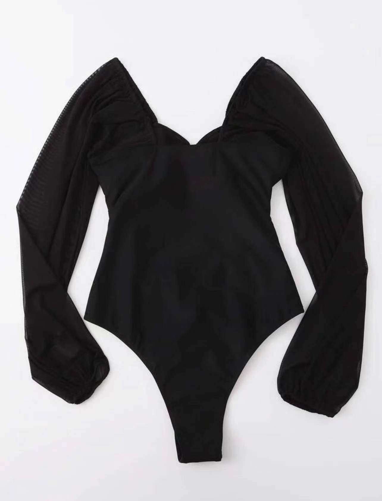 Black one-piece swimsuit with sheer long sleeves and deep V backless cut