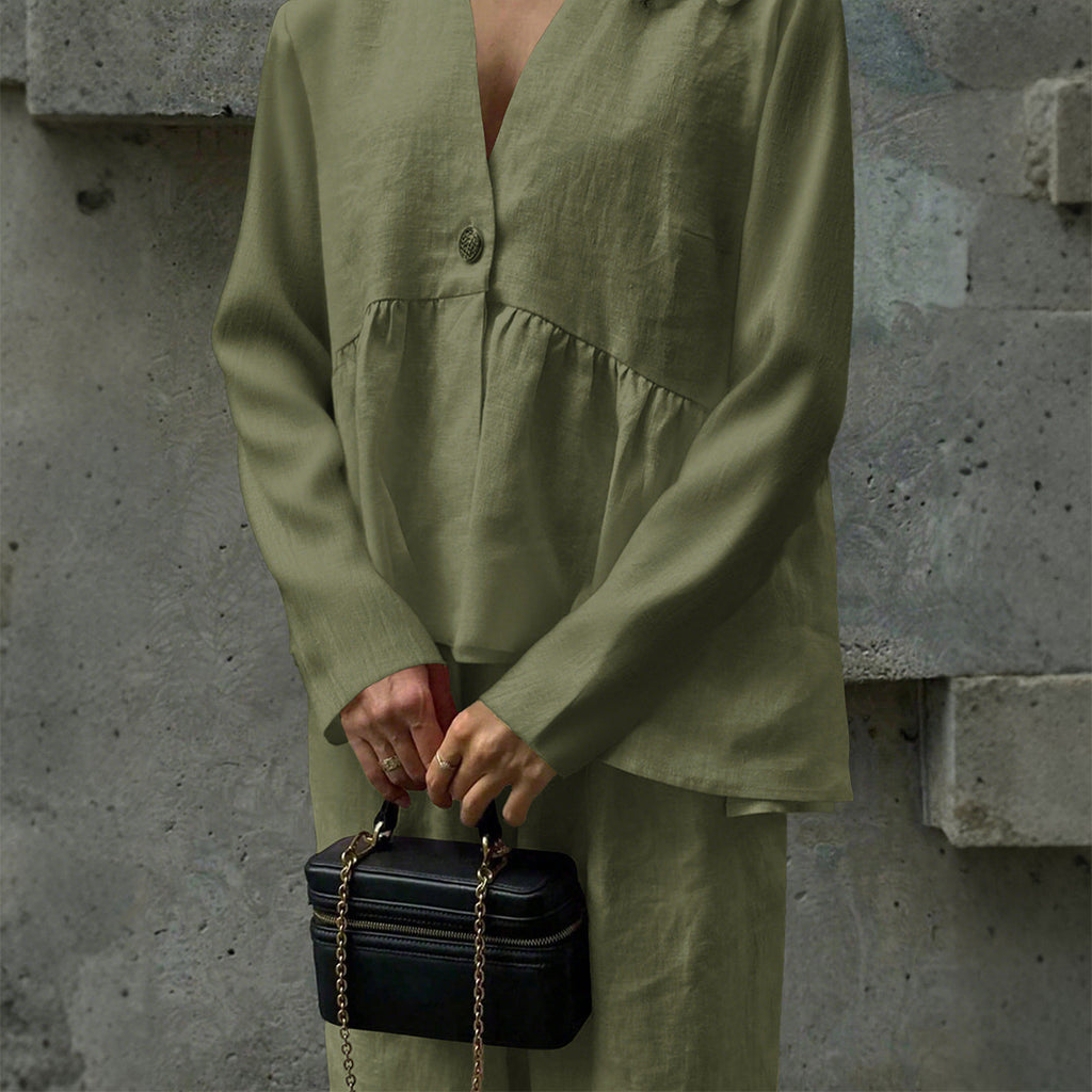 Casual Vacation Long-Sleeve T Shirt Straight Leg Pants Autumn Winter Two-Piece Set