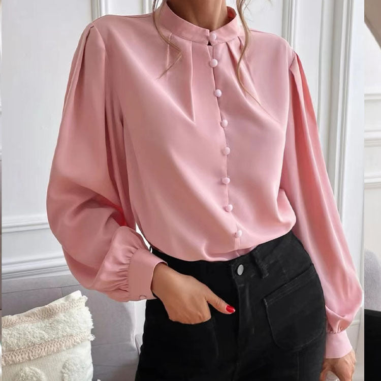 Women's Shirt Autumn Elegant Solid Color Collared Long Sleeve Single Row Button Loose Women Top