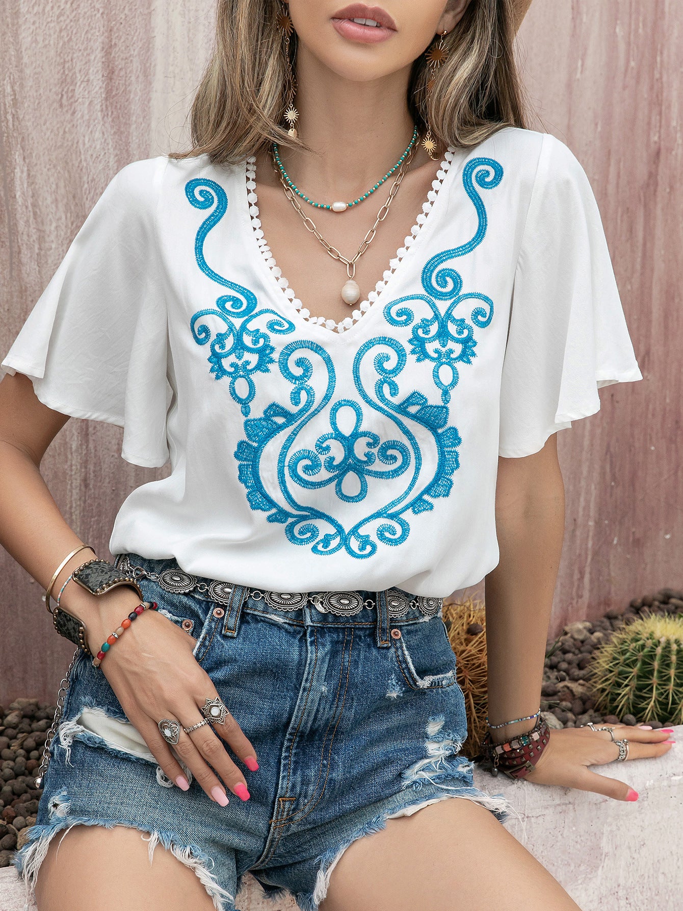 Women's Bohemian Beach Casual Embroidered Front Middle Strap Women Top