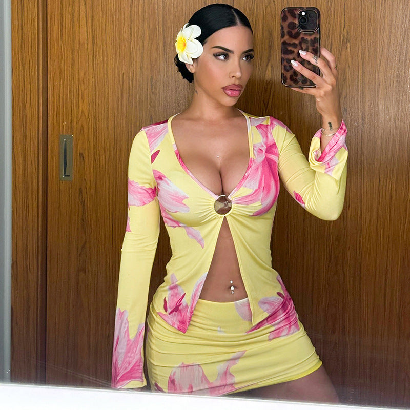 Floral Print Long Sleeve Ring Slit Top Tight Two Piece Sets