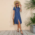 Collared Retro Casual Solid Color Denim Shirt Short Sleeve Dress