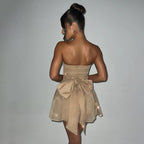 Women's Dress Trend Mesh Stitching off Neck Tube Top Backless Short Dress for