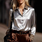 Spring Autumn Commuting Figure Flattering Long Sleeve Leopard Print round Neck Stitching Satin Shirt for Women