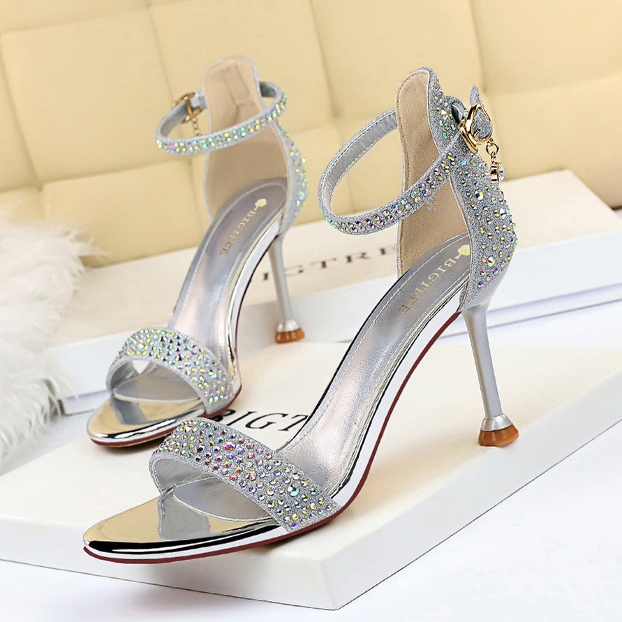 Women's Open-Toe Stiletto Sandals With Rhinestone Strap