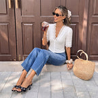 French Pastoral V neck Lace Stitching Jacquard Short Top for Women
