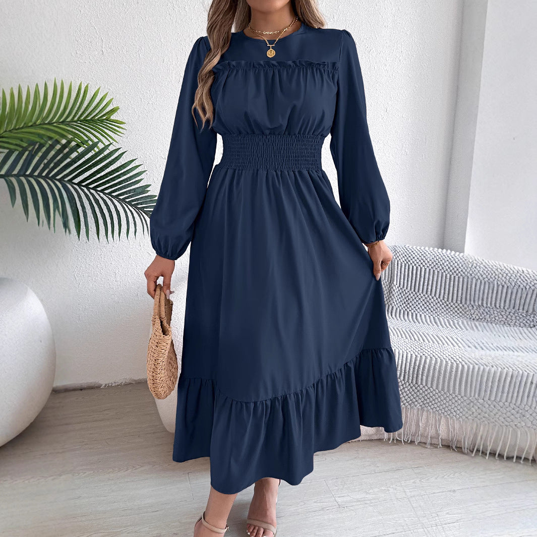 Autumn Winter Solid Color Elegant Wooden Ear Cinched Pleated Maxi Dress