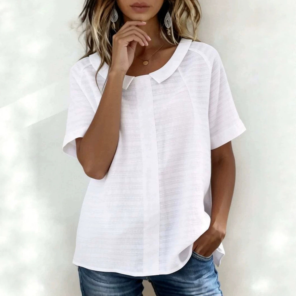 Women Collared Texture Striped Short Sleeve Casual Shirt