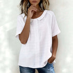 Women Collared Texture Striped Short Sleeve Casual Shirt