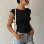 Short Sleeved Shirt for Women Summer Backless Stitching