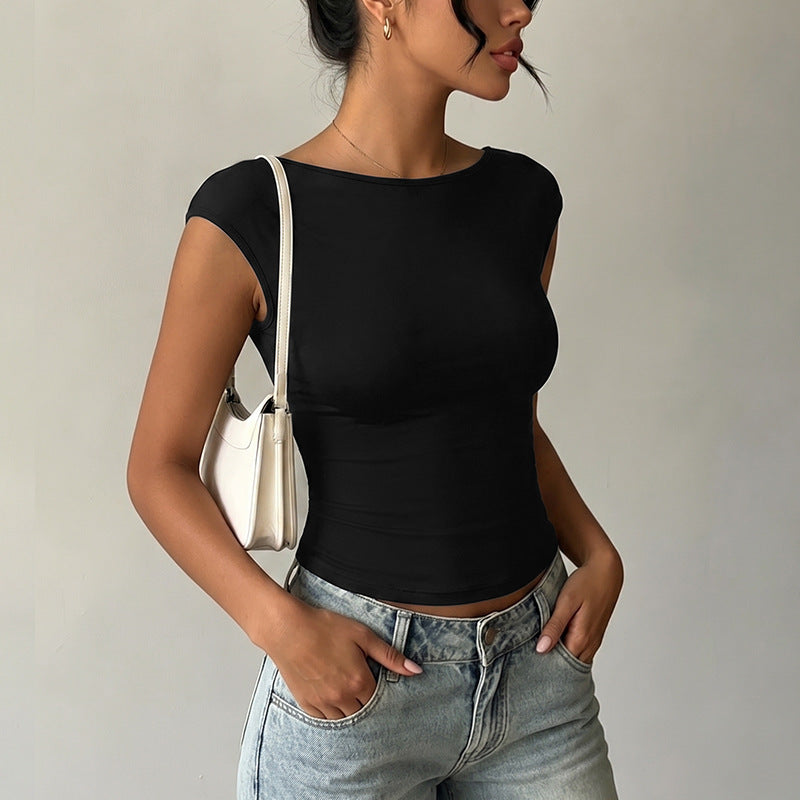 Short Sleeved Shirt for Women Summer Backless Stitching