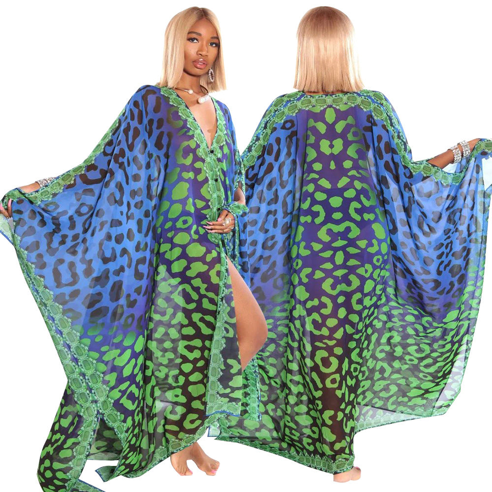 Popular V-Neck Casual Printed Jacket Sheer Chiffon Shirt Top