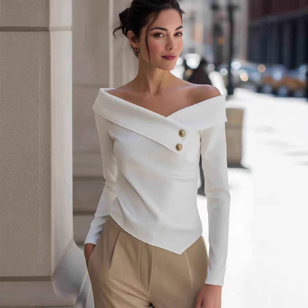 Women's Graceful Off Shoulder Bottoming Long Sleeve Solid Color