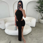 Solid Color Stitching Hollow Out Cutout Ribbon Short Dress